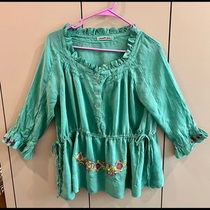 Johnny Was Green Ruffled Tunic with Embellishments